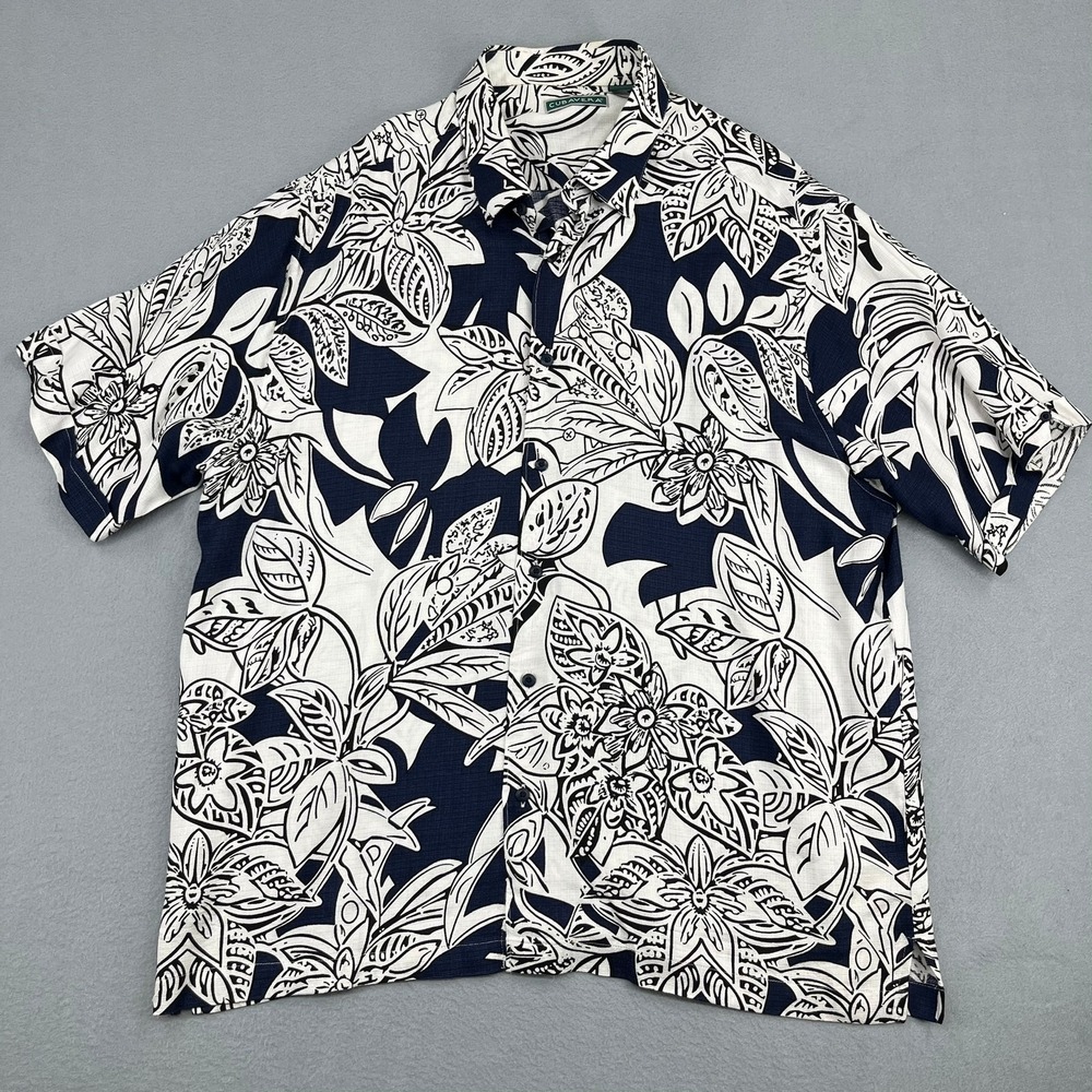 Cubavera Mens XL Navy Blue White Tropical Floral Rayon Short Sleeve Camp Shirt